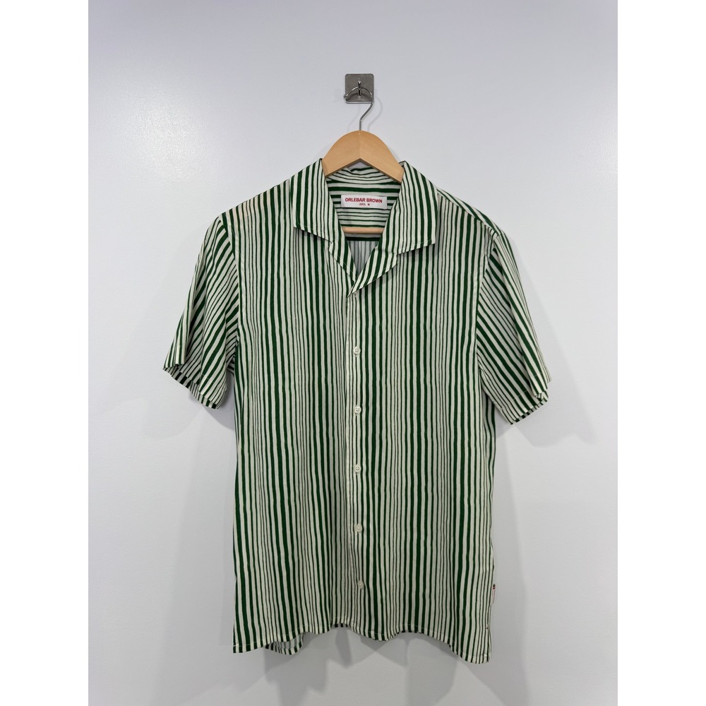 Orlebar Brown Men Green Hibbert Striped Lyocell Camp Collar Shirt Medium